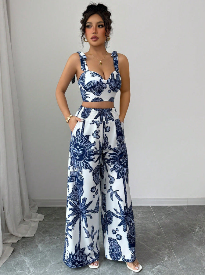 VVZ Women's Boho Style Floral Print Sleeveless Top & Belted Straight Leg Pants Set