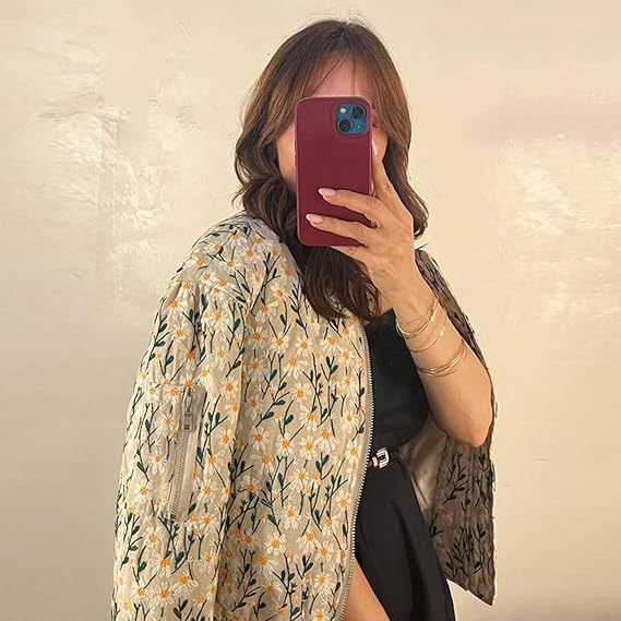 VVZ Women's Ramie Linen Embroidered Daisy Cropped Bomber Jacket