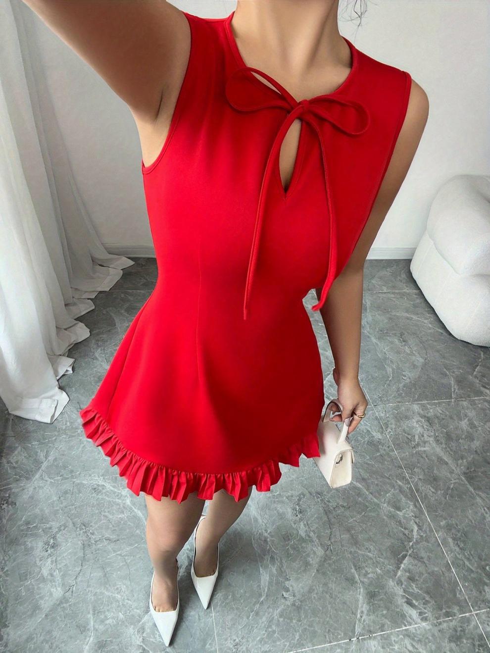 VVZ Elegant Women's Round Neck Bow Design Sleeveless Mini Dress