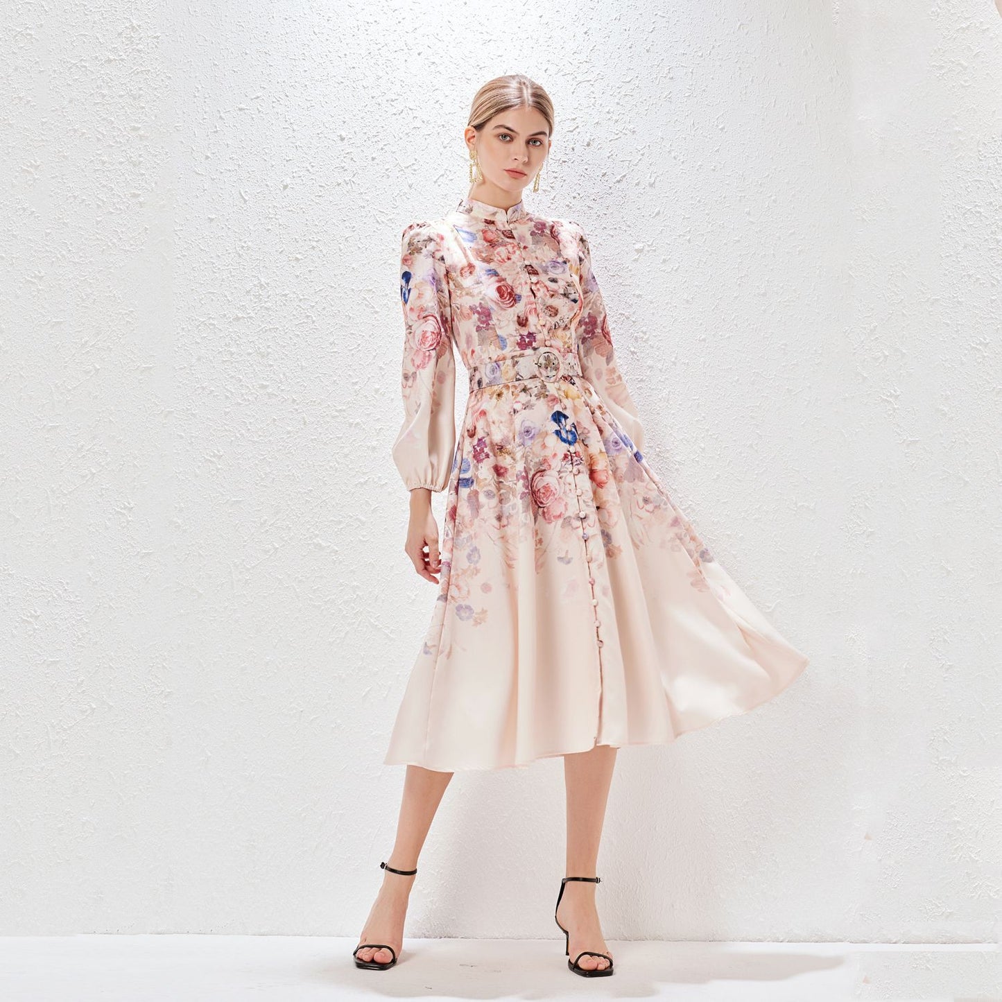 VVZ Belted Balloon Sleeve Floral Dress