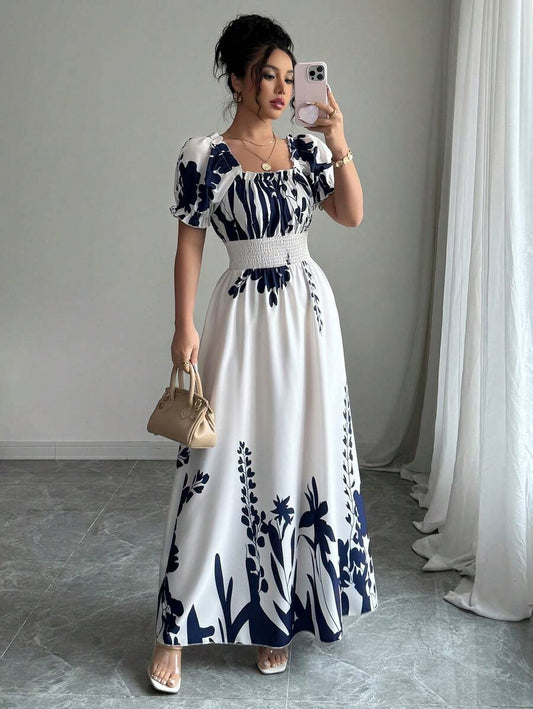 VVZ Printed puff-sleeve dress with a fitted waist