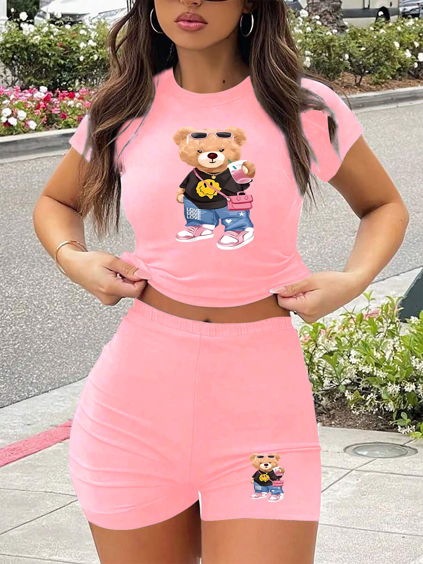 VVZ Women's  Round Neck T-shirt & Skinny Shorts Set