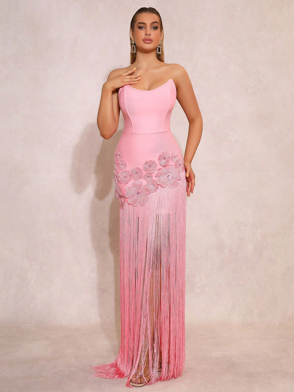 VVZ Strapless, Backless Bandage Gown with 3D Floral, Rhinestone, and Tassel Embellishments