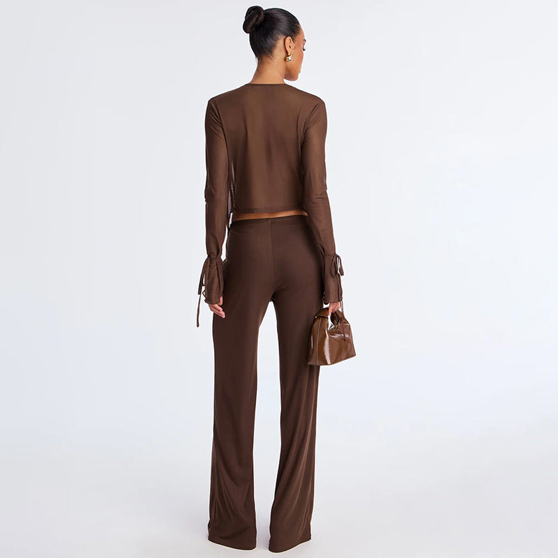 VVZ Deep V-Neck Mesh Top Paired with Wide-Leg Pants