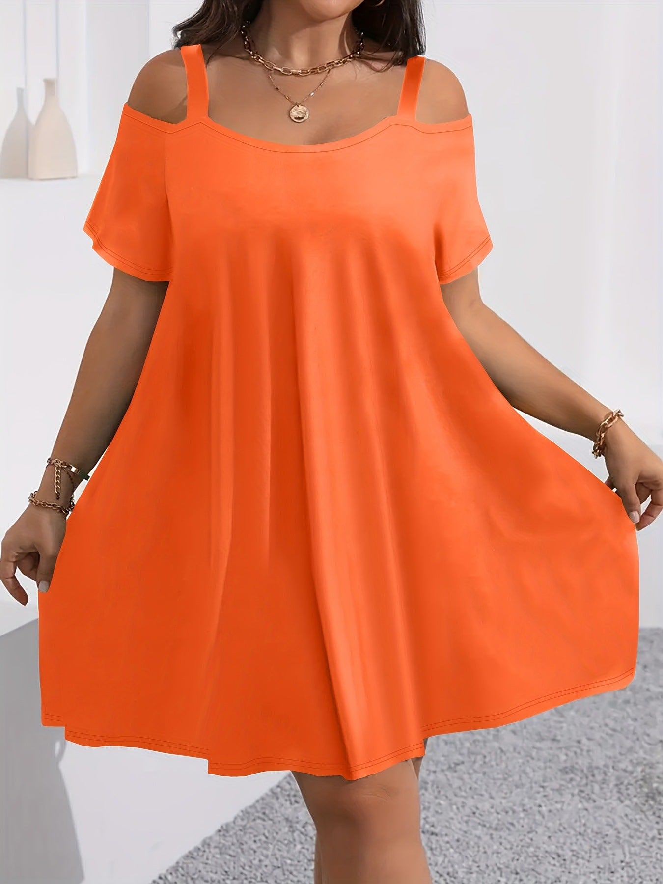 VVZ Plus-Size Women's Casual Midi Dress: Crew Neck, Short Sleeve, Cold-Shoulder, Slim Fit