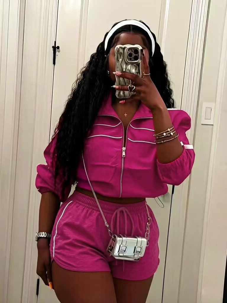 VVZ Women's Summer Long-Sleeve Color-Block Zip-Up Jacket and Shorts Set