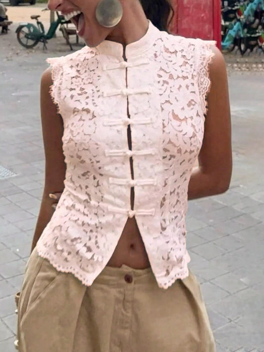 VVZ Women's Summer Lace Stand-Collar Top