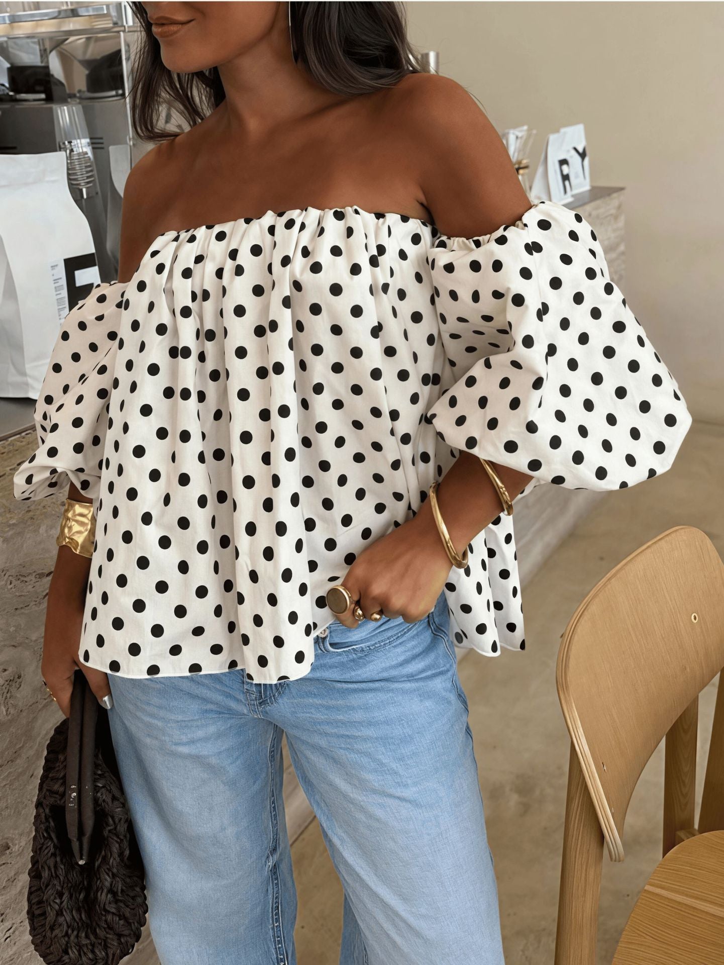 VVZ Women's Polka-Dot Color-Block Pleated One-Shoulder Top
