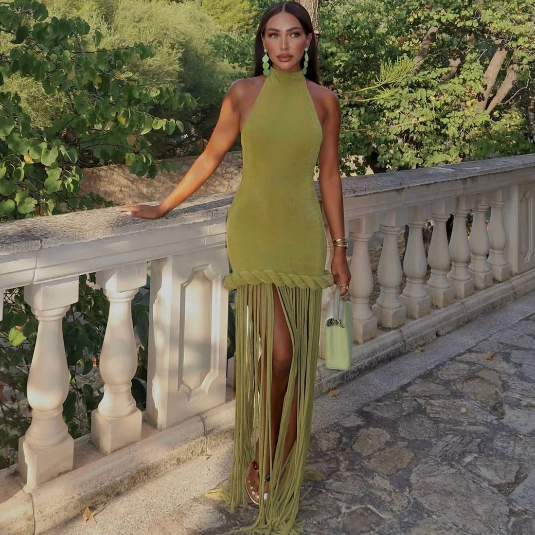 VVZ Sexy Halter-Neck Backless Solid-Color Dress