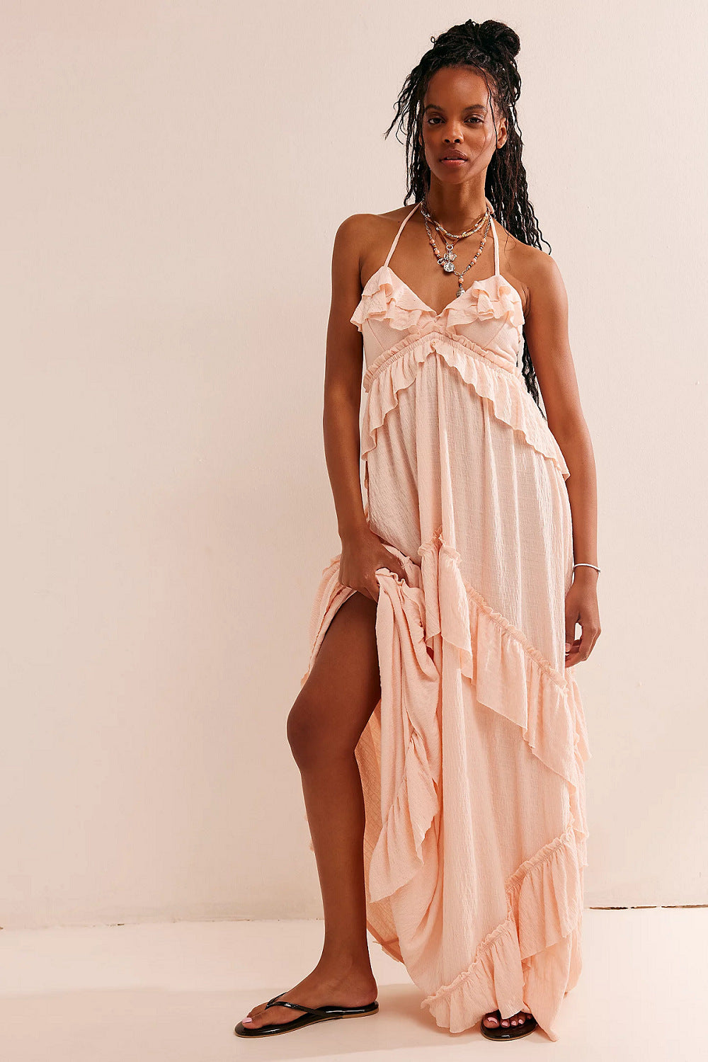 VVZ Women's Halter-Neck Ruffled Maxi Dress