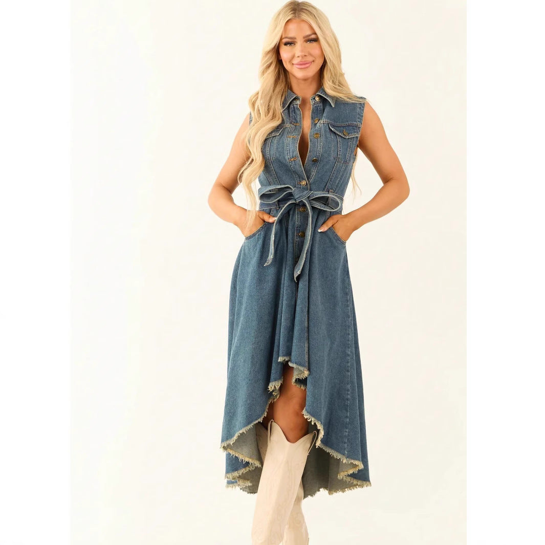 VVZ Women's Summer Retro-Style Sleeveless Denim Dress with Asymmetrical Hem