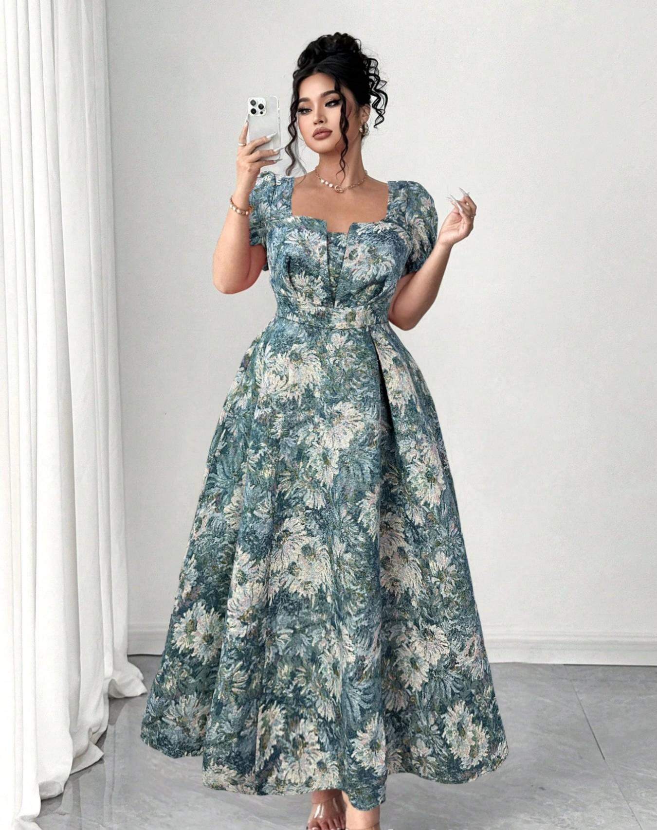 VVZ Plus-Size Embroidered A-Line Maxi Dress with Square Neckline, Puff Sleeves, and Tie Detail