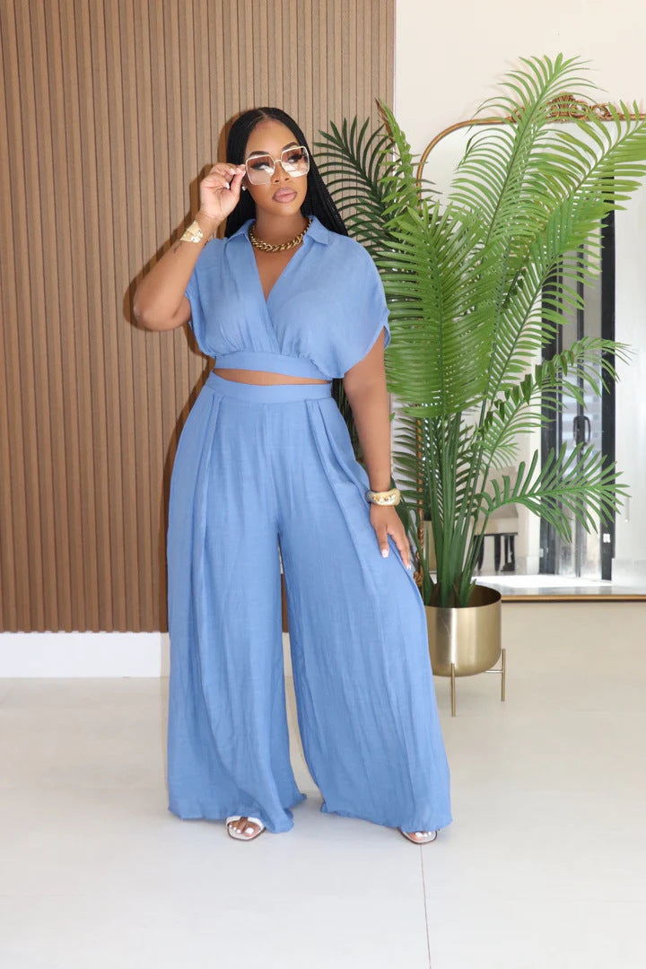 VVZ Solid-Color Batwing Top with Lapel and V-Neckline, Paired with Wide-Leg Trousers
