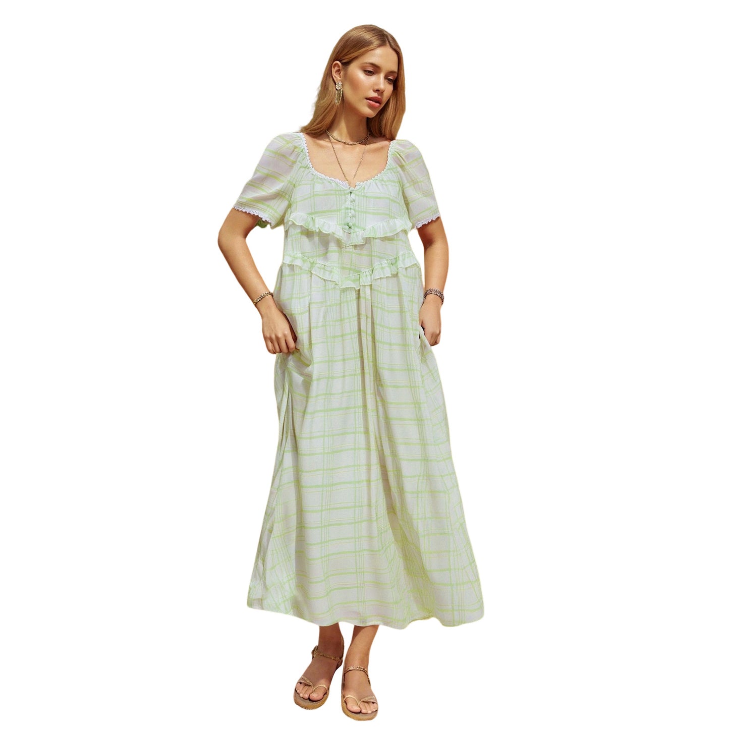 VVZ Women Long Dress, Elegant Short Sleeve Solid/Plaid  Dress