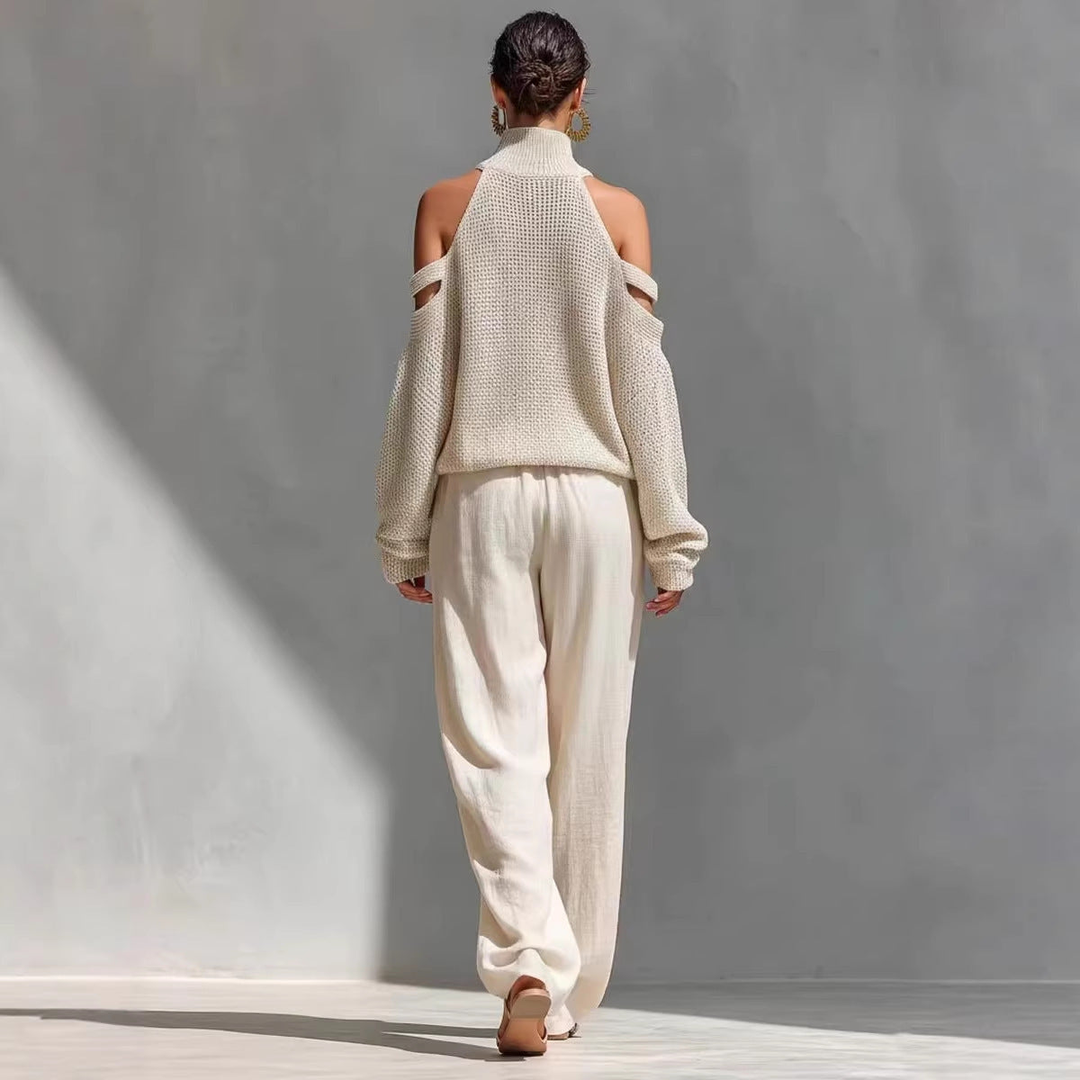 VVZ Women's beige knitted off-the-shoulder high-neck top and wide-leg trousers