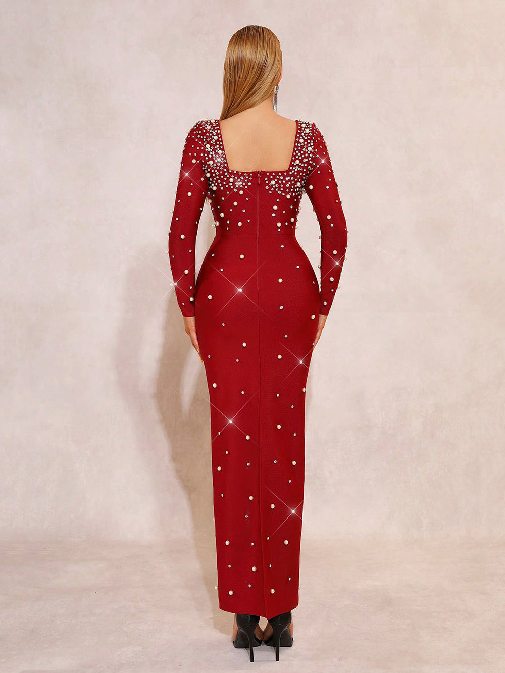 VVZ Fitted Square-Neck Maxi Dress with Beading and Rhinestone Embellishments