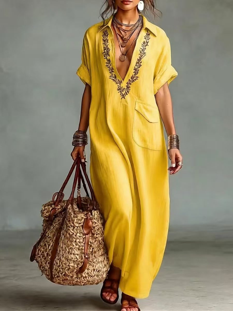 VVZ Casual V-neck short-sleeved long dress with pockets