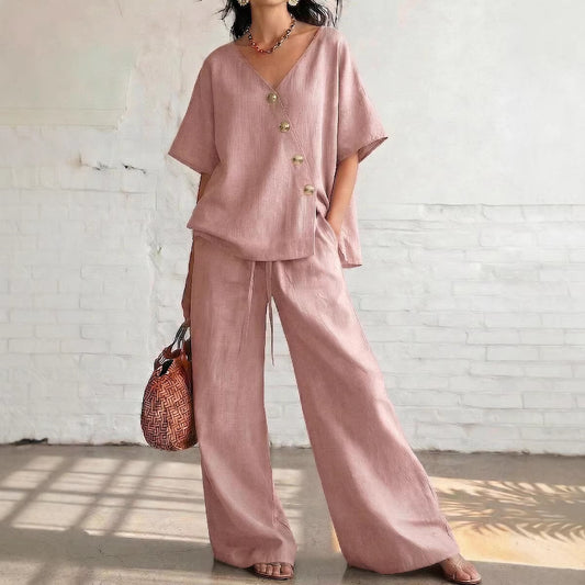VVZ Loose V-neck short-sleeve top and drawstring trousers