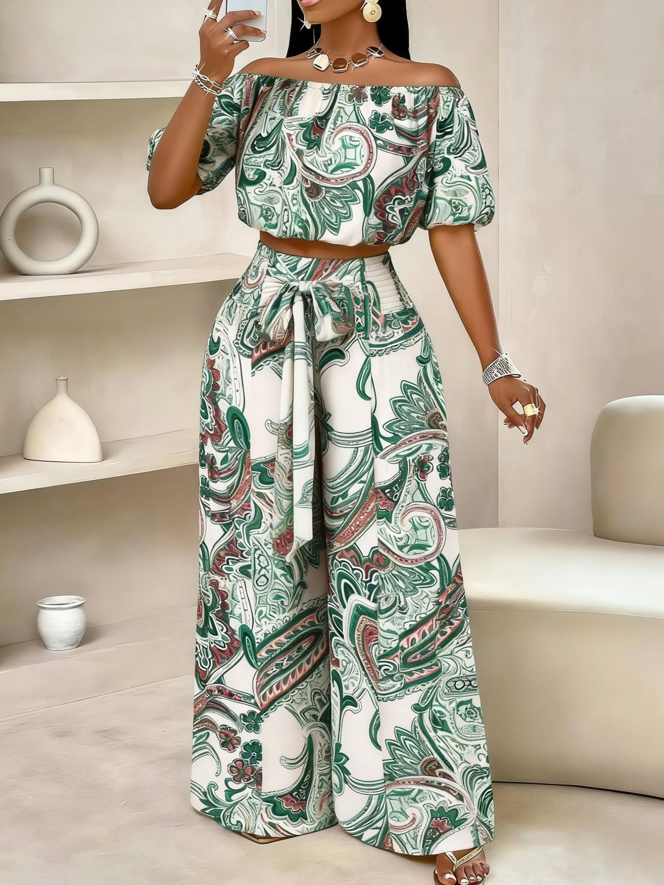 VVZ Off-Shoulder Puff-Sleeve Cropped Top and High-Waisted Drawstring Wide-Leg Pants
