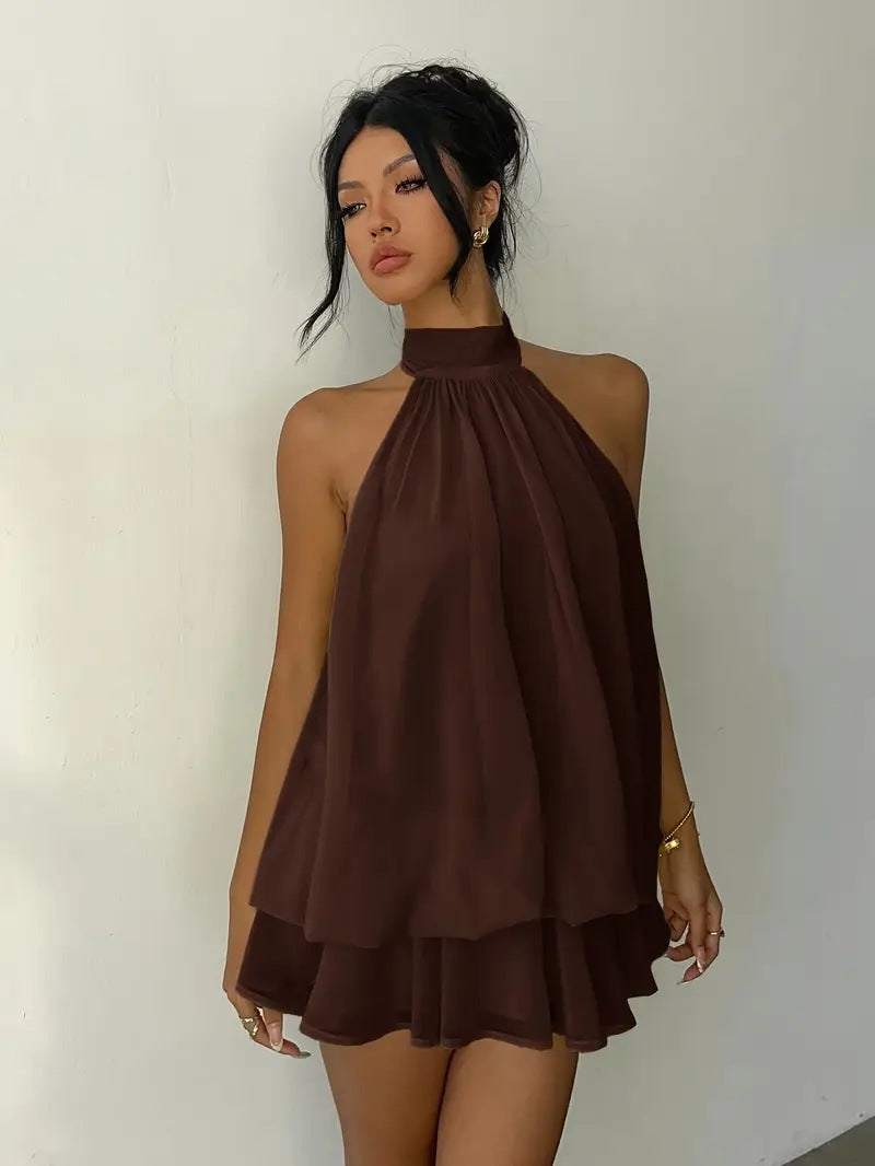 VVZ  Women's Summer Casual Fashion Halter Tie Back Mini Dress