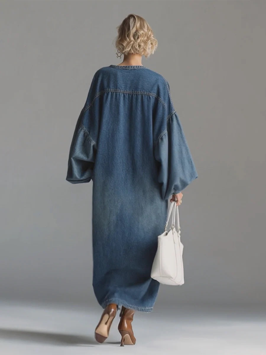 VVZ Distressed-finish denim midi skirt with a Polo-style stand collar