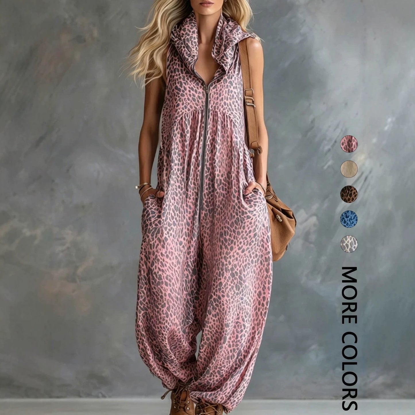 VVZ Women's Summer Leopard Print Hooded Zip-Up Jumpsuit