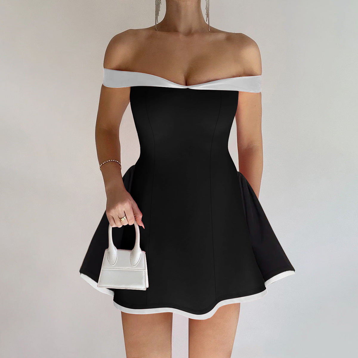 VVZ Women's color-blocked off-shoulder A-line dress