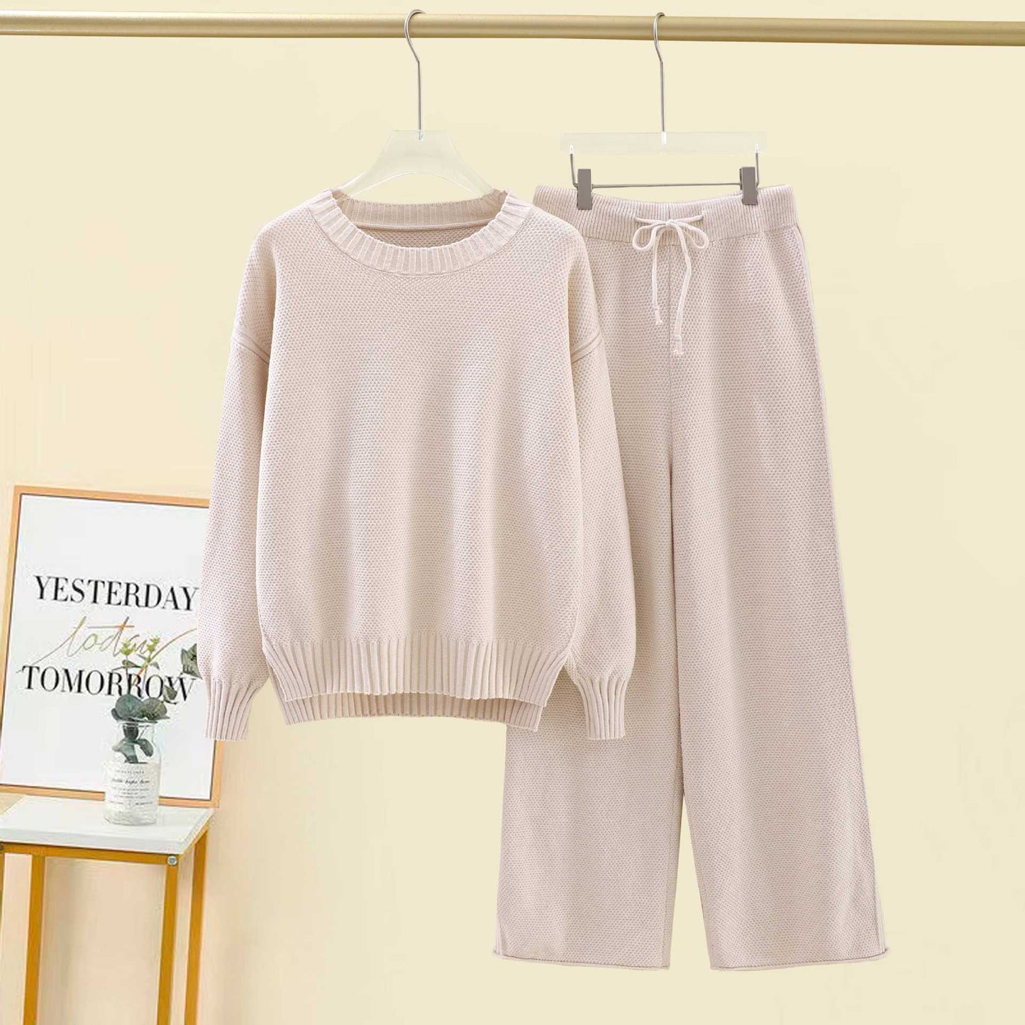 VVZ Women'S Oversized Round Neck Sweater & Wide-Leg Pants Two-Piece Set