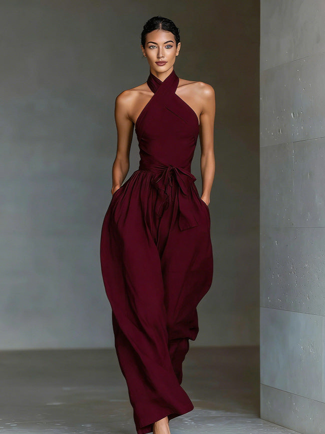 VVZ Women's Solid-Color Sleeveless Halter-Neck Tie-Front Jumpsuit