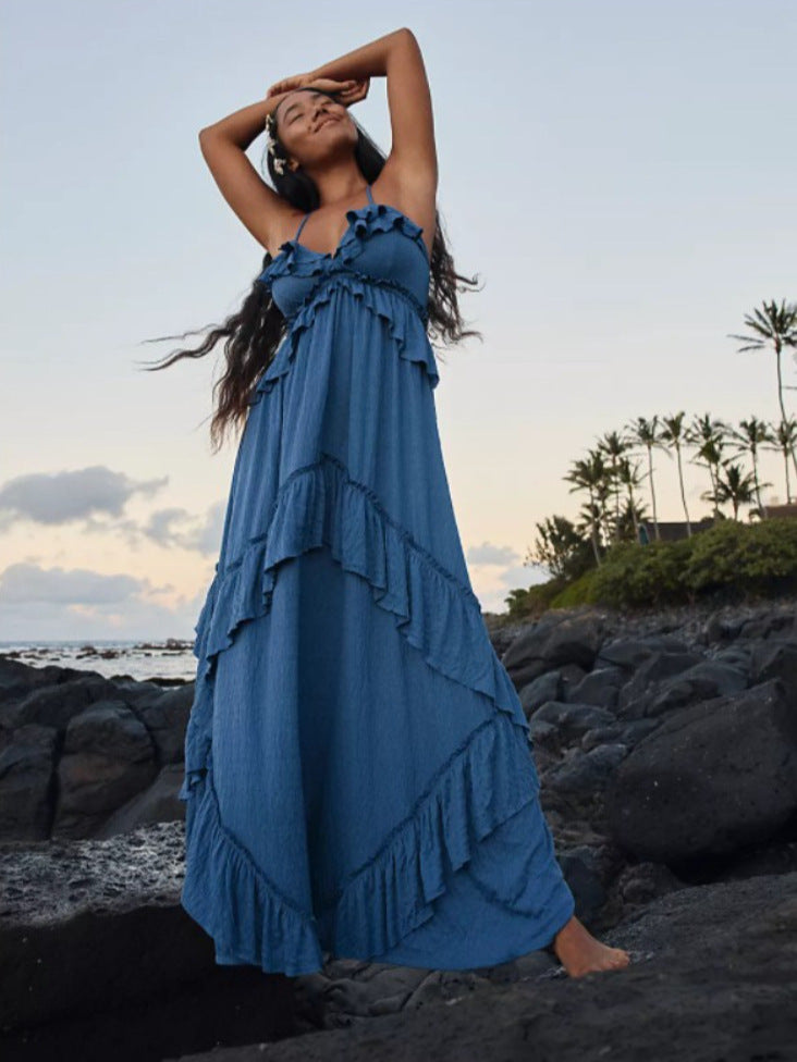 VVZ Women's Halter-Neck Ruffled Maxi Dress