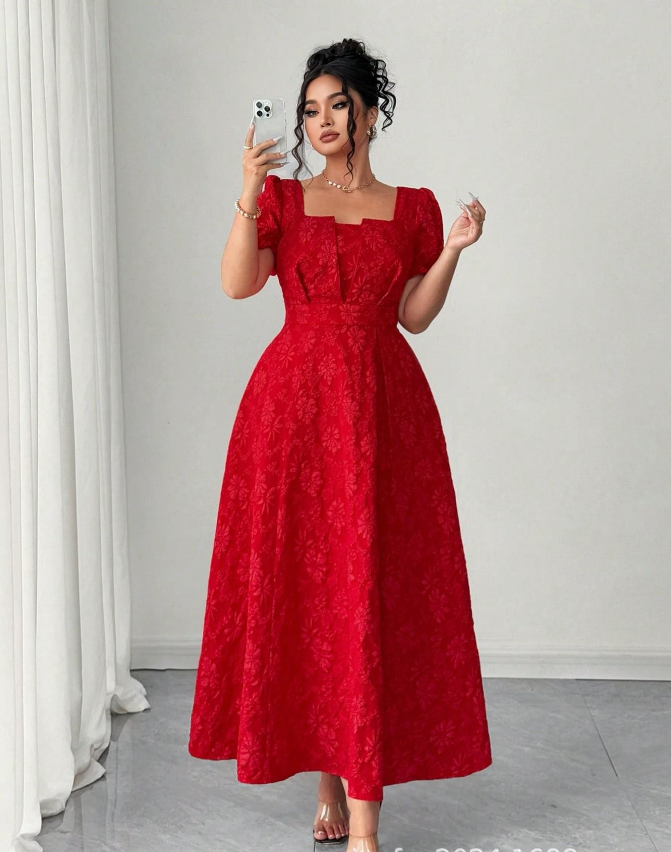 VVZ Plus-Size Embroidered A-Line Maxi Dress with Square Neckline, Puff Sleeves, and Tie Detail