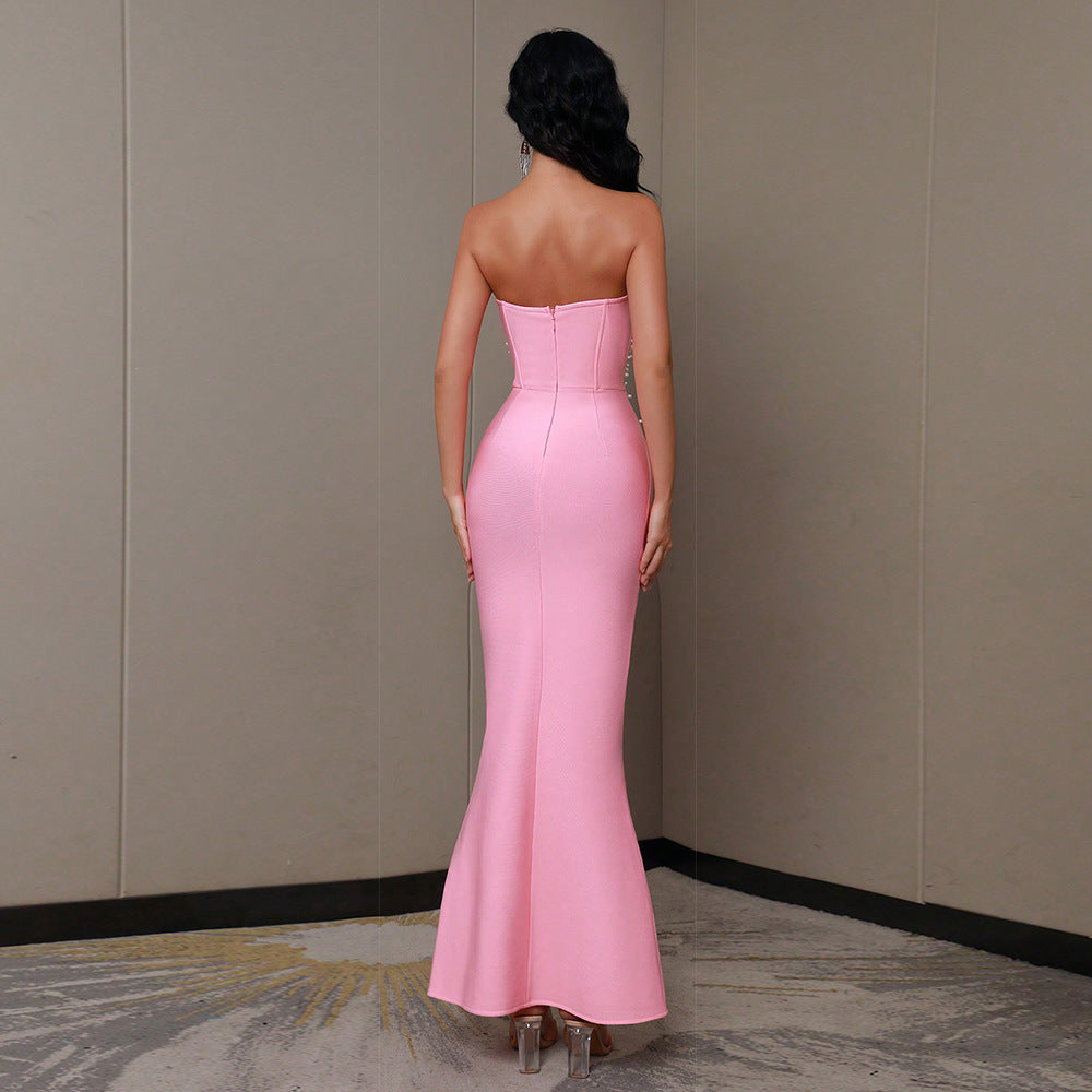 VVZ Strapless, Sleeveless, Beaded, Long Bandage Dress