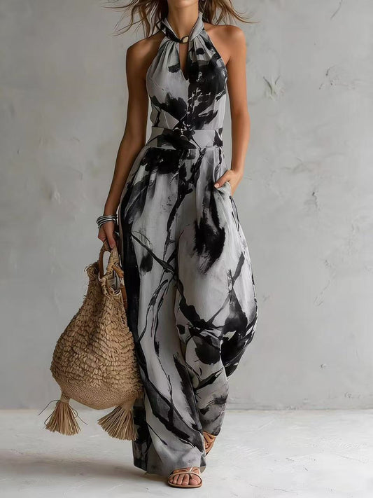 VVZ Women's Ink-Wash Print Halter-Neck Jumpsuit