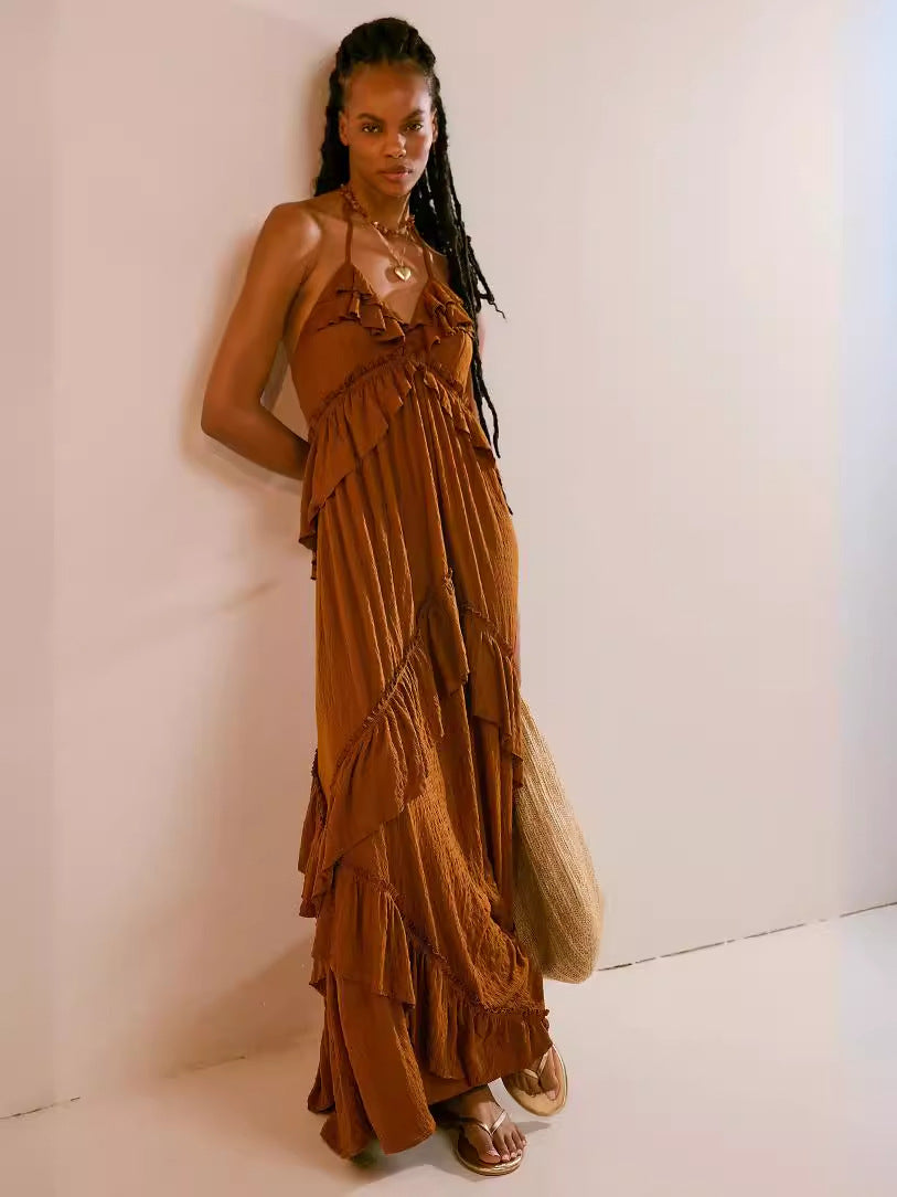 VVZ Women's Halter-Neck Ruffled Maxi Dress