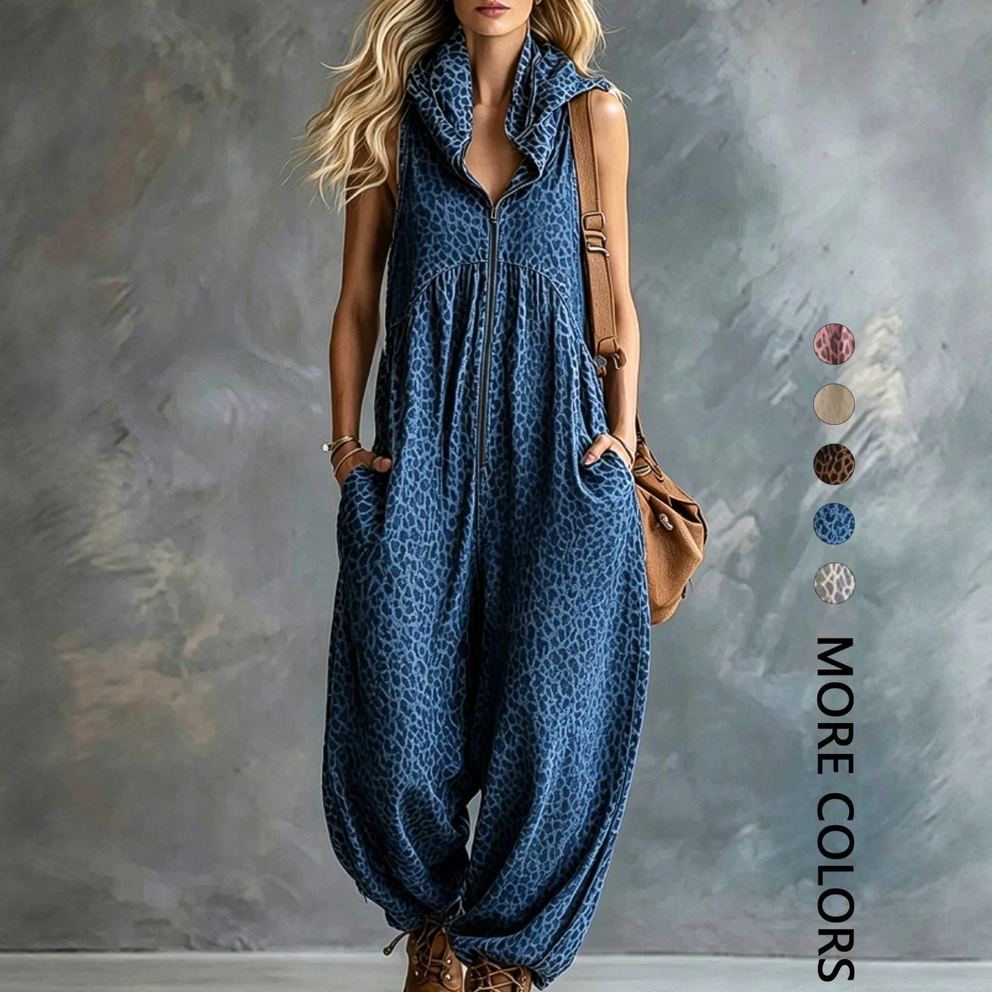 VVZ Women's Summer Leopard Print Hooded Zip-Up Jumpsuit