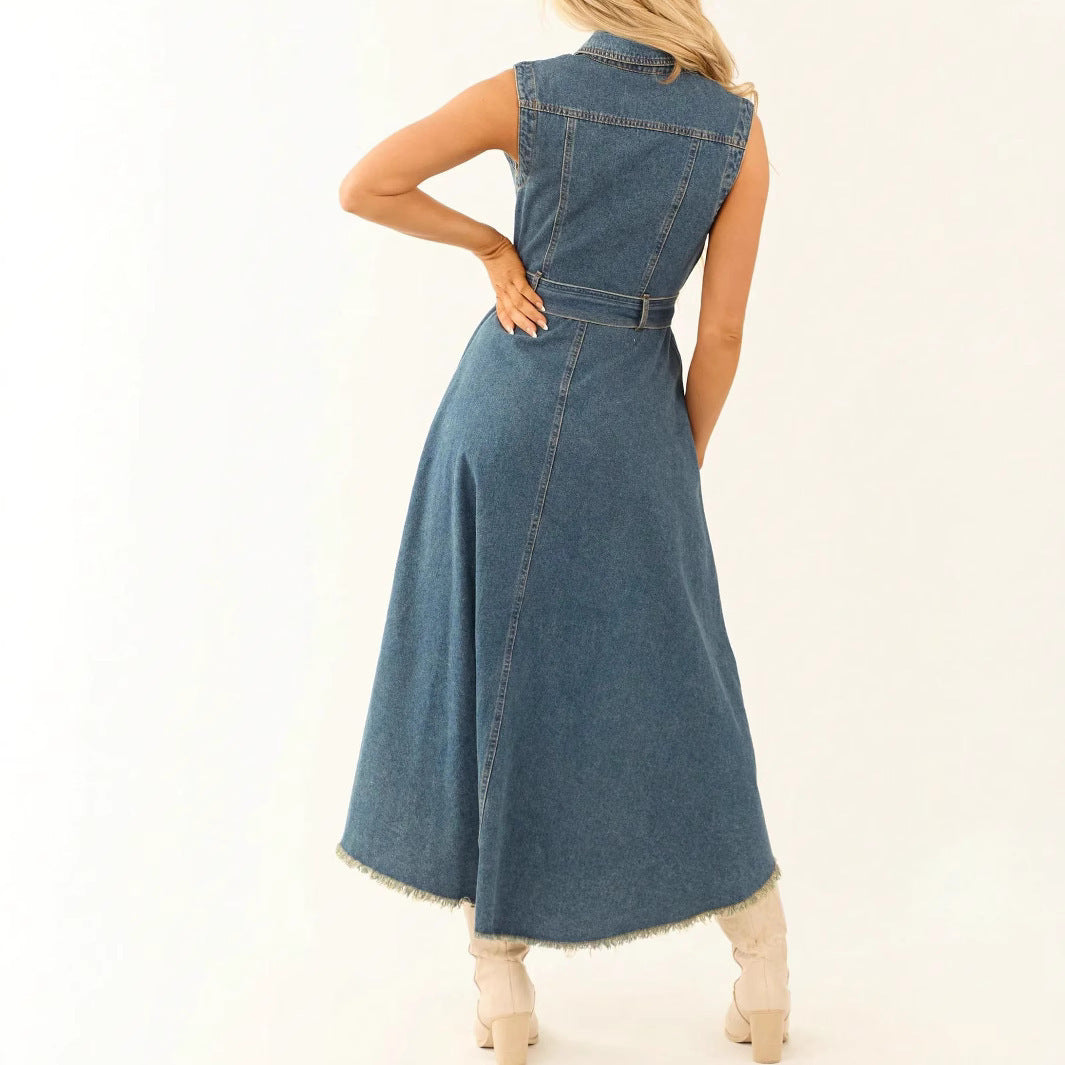 VVZ Women's Summer Retro-Style Sleeveless Denim Dress with Asymmetrical Hem