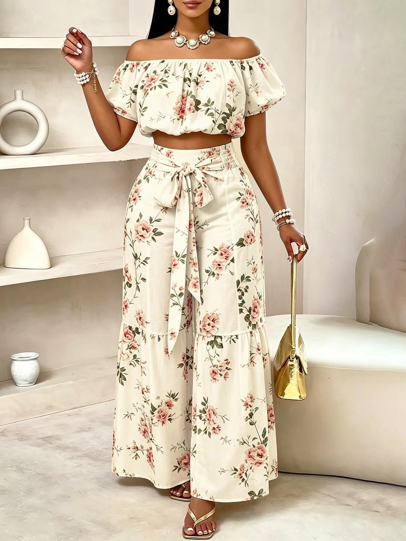 VVZ Off-Shoulder Puff-Sleeve Cropped Top and High-Waisted Drawstring Wide-Leg Pants