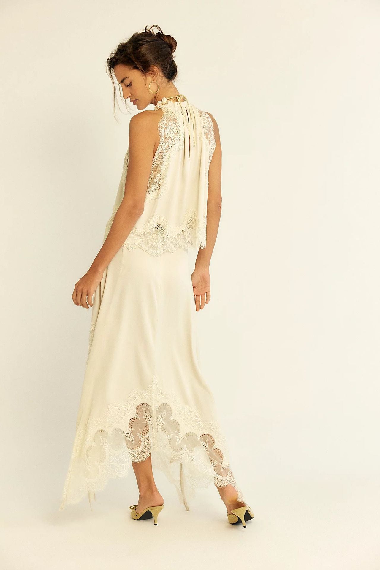 VVZ Women's Elegant Solid-Color Satin Two-Piece Set with Lace Splicing