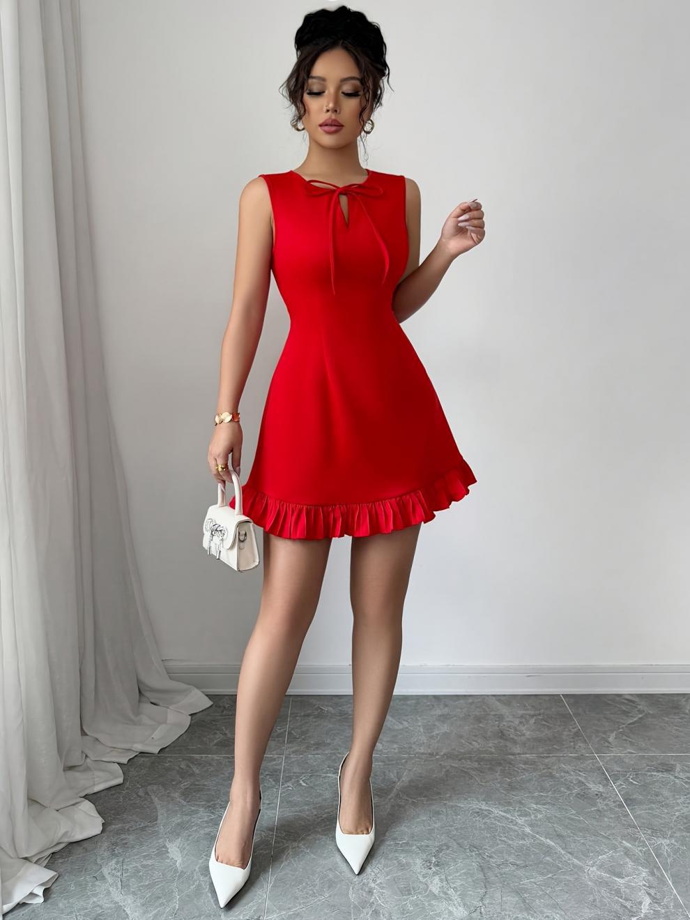 VVZ Elegant Women's Round Neck Bow Design Sleeveless Mini Dress