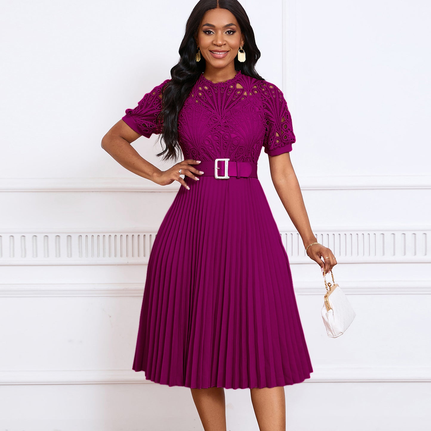 VVZ Women's Solid-Color Round-Neck Puff-Sleeve Mini Dress