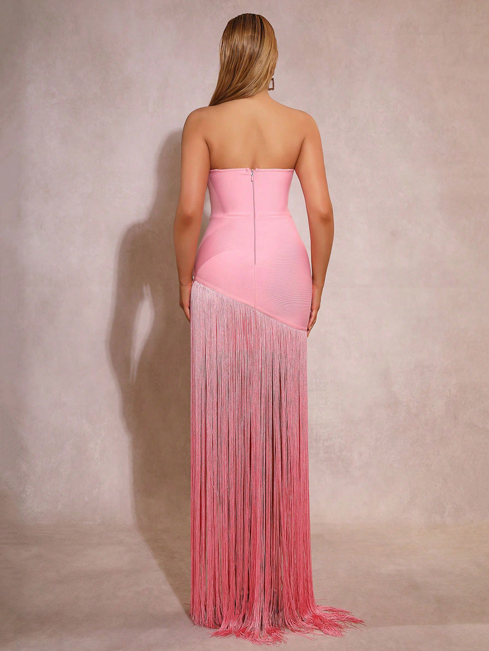 VVZ Strapless, Backless Bandage Gown with 3D Floral, Rhinestone, and Tassel Embellishments