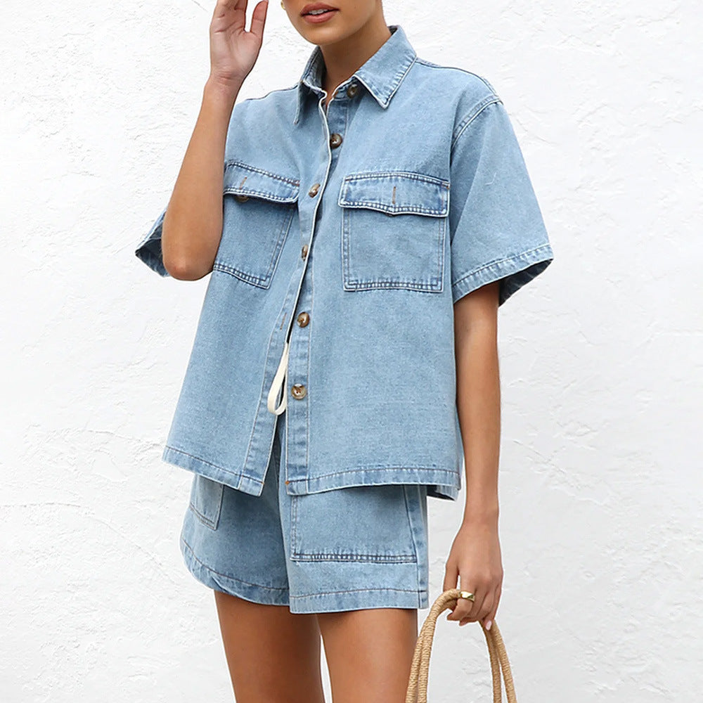 VVZ Women's Summer Denim Shirt and Shorts Two-Piece Set