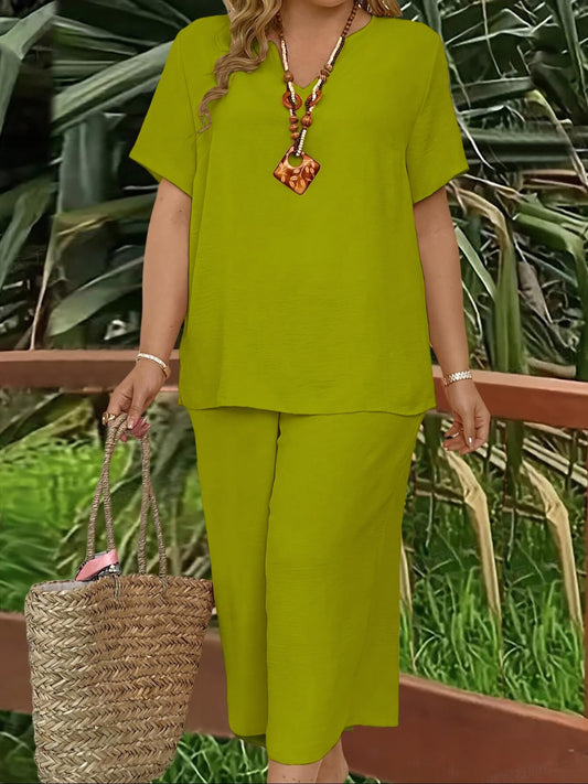 VVZ Elegant Plus-Size Women's Set: Solid-Color Short-Sleeve Fashion Top & Casual Wide-Leg Pants