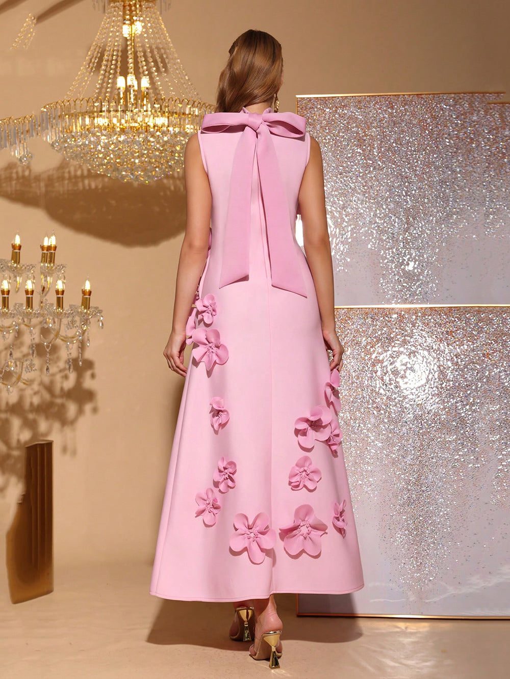 VVZ French-Style 3D Floral A-Line Maxi Dress
