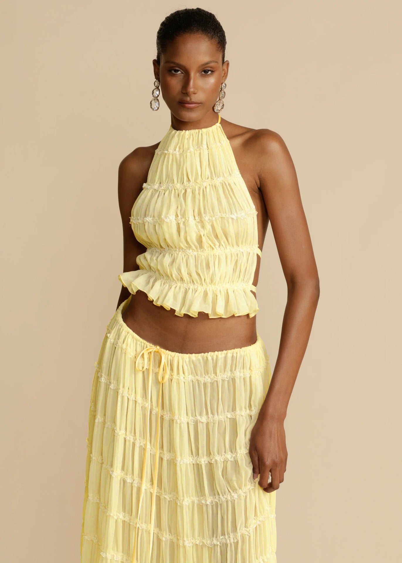 VVZ Sleeveless Ruched Halter Top and Long Skirt