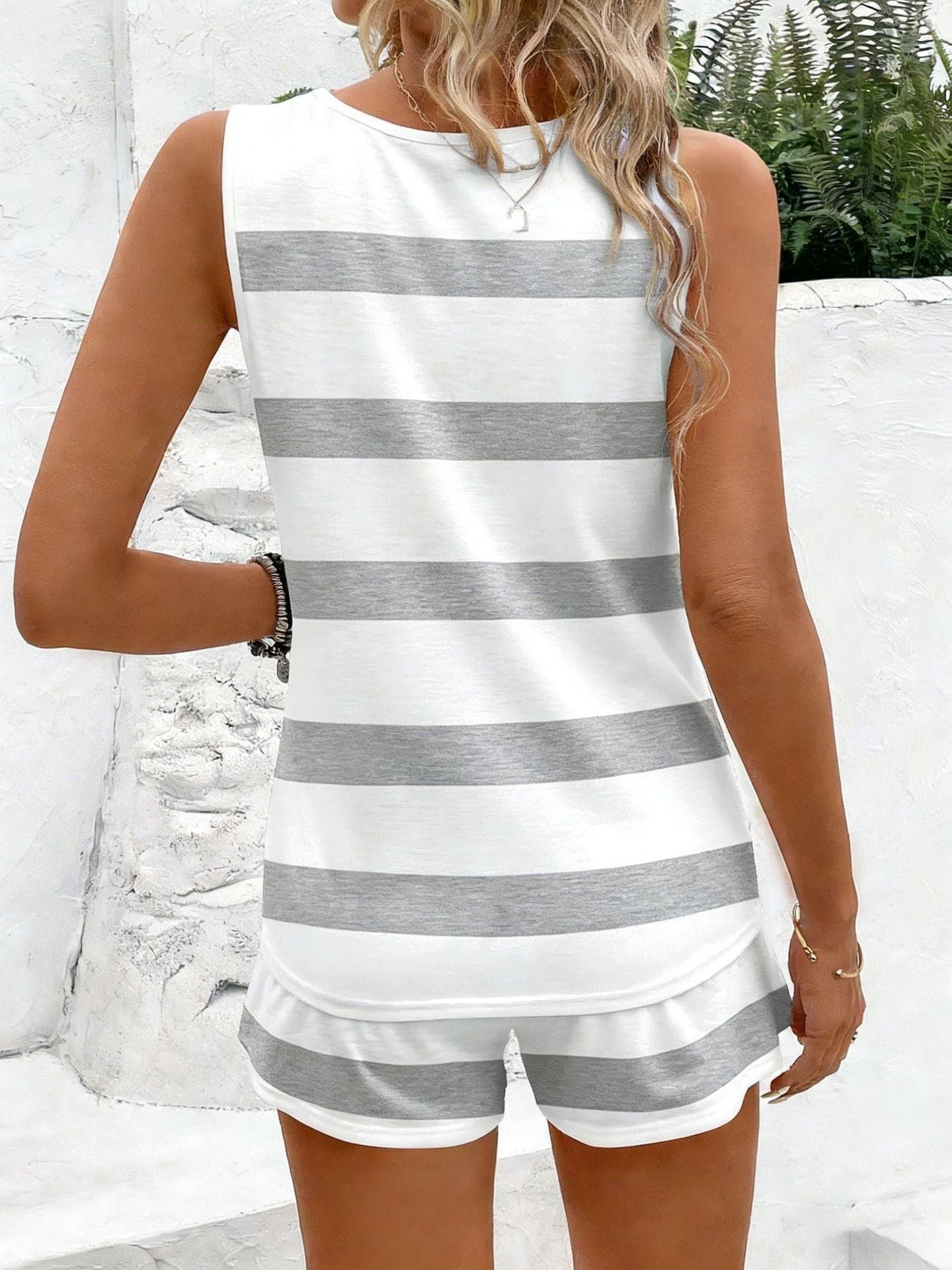 VVZ Women's Striped Print Tank Top & Shorts Two-Piece Set