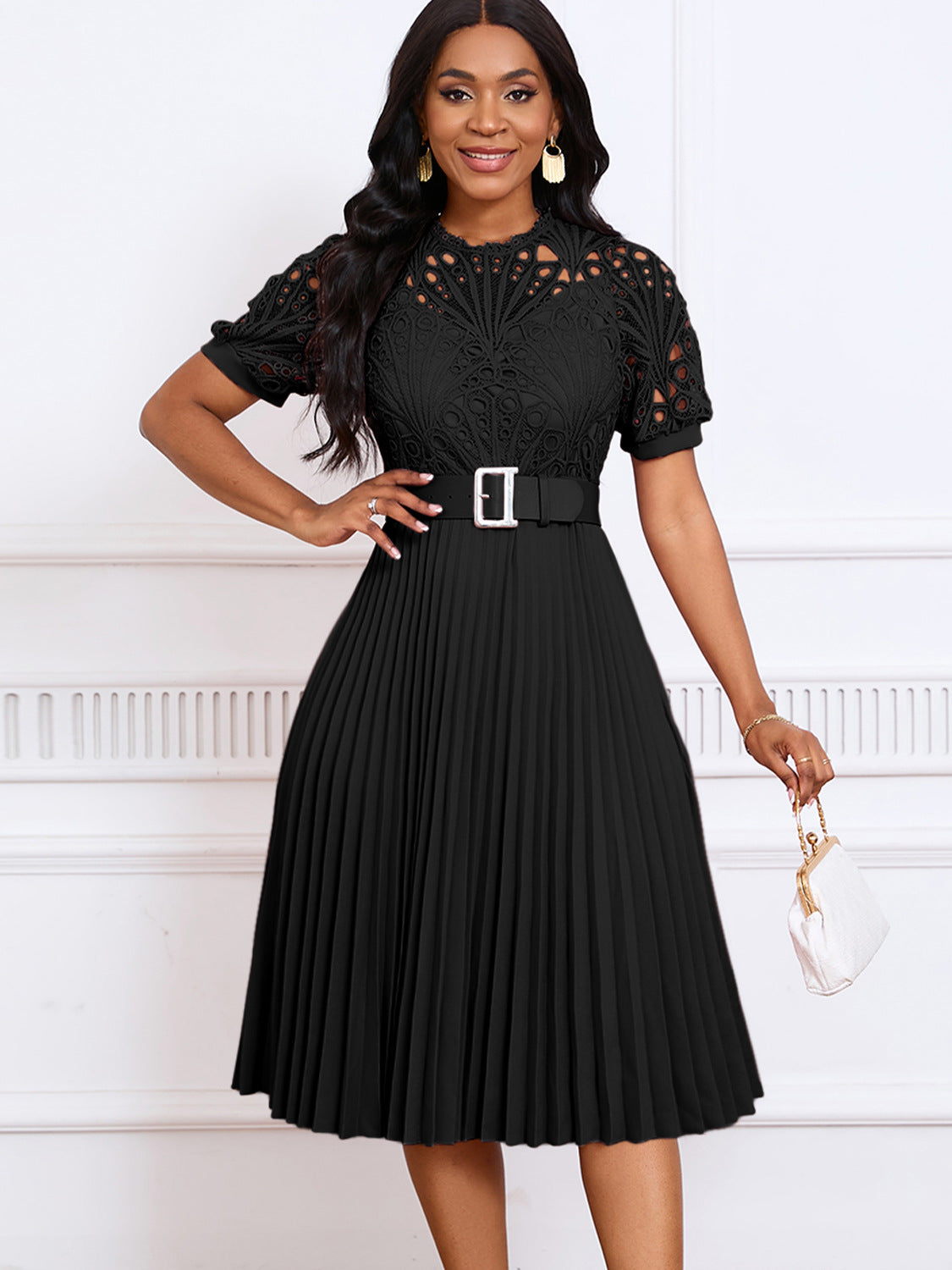 VVZ Women's Solid-Color Round-Neck Puff-Sleeve Mini Dress