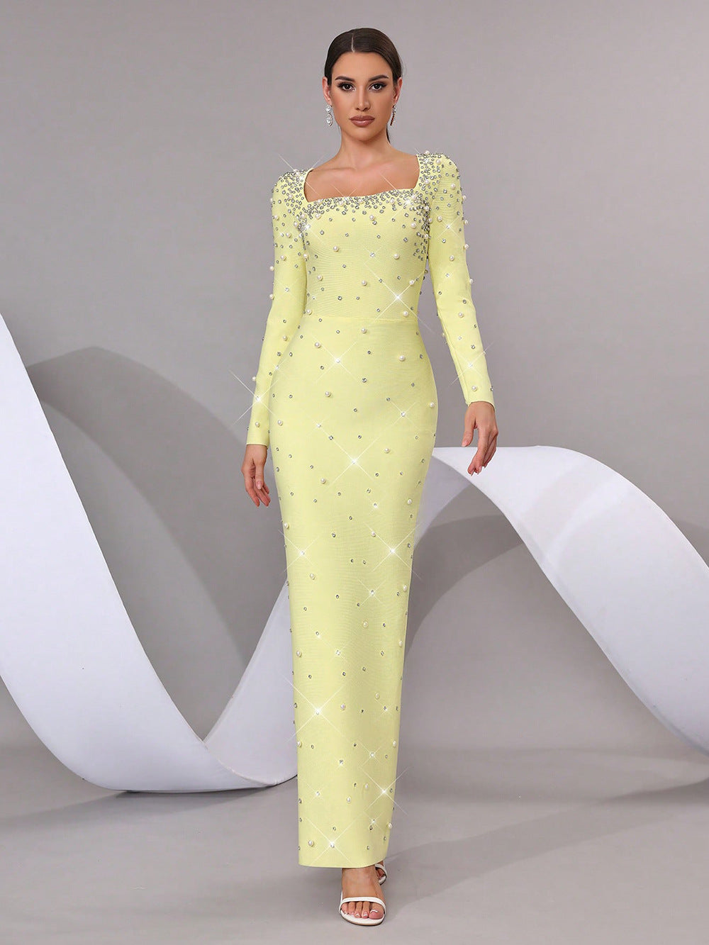 VVZ Fitted Square-Neck Maxi Dress with Beading and Rhinestone Embellishments