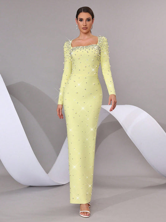 VVZ Fitted Square-Neck Maxi Dress with Beading and Rhinestone Embellishments