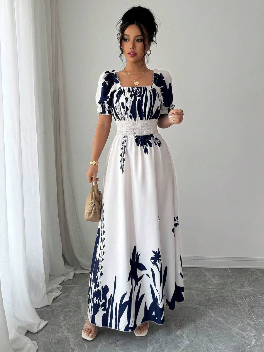 VVZ Printed puff-sleeve dress with a fitted waist